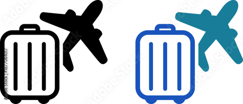 スーツケースと飛行機のシンプルアイコン｜海外旅行・出張・トラベル準備のイメージ（Suitcase and Airplane Icon for Travel and Business Trip）
