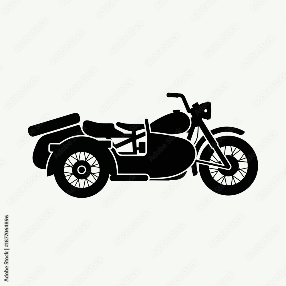 Obraz premium Vector icons Vintage motorcycle with a sidecar black silhouette icon isolated on a white background. EPS Editable