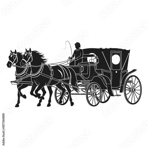 Vector icons Vintage Horse Drawn Carriage Silhouette with Driver. EPS Editable