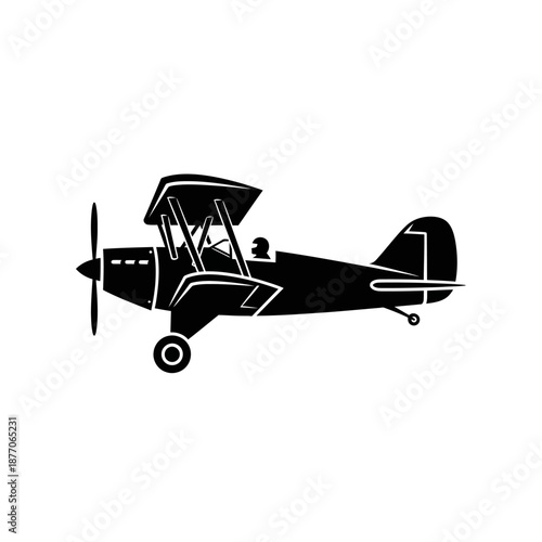 Vector icons Vintage biplane aircraft silhouette with pilot icon isolated on white background. EPS Editable