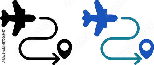 目的地へ向かう飛行機のルートアイコン｜旅行・ナビゲーション・フライト案内（Airplane Route to Destination Icon for Travel Navigation）
