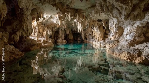 Limestone cave with turquoise stalactites glows with subterranean magic geology wonder exploration and hidden beauty