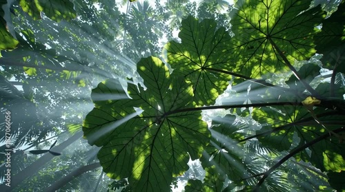 Dense jungle canopy viewed from below highlights sunlight biodiversity mystery life energy and tropical wonder