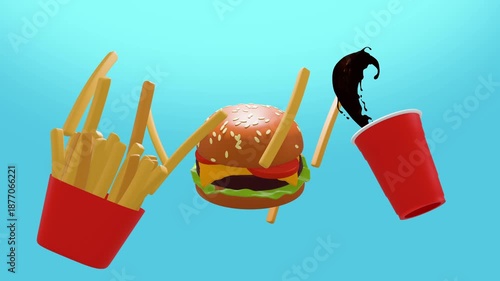 cartoon fast food soda hamburger and fries floating and spining