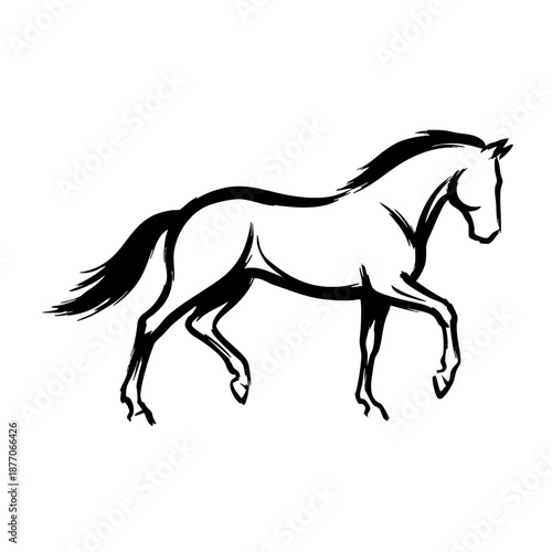 A minimalist black and white sketch of a horse in motion, capturing its elegant form and dynamic stride with bold, fluid lines.