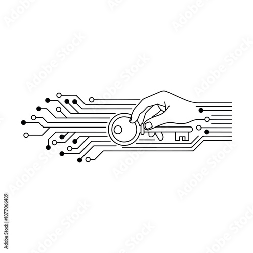 Digital Cybersecurity Concept: Hand Holding Key with Circuit Board Lines for Data Protection and Network Security.

