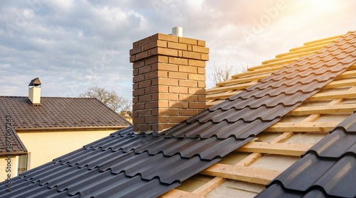 Installing metal roof tiles on a house chimney © Ruslan