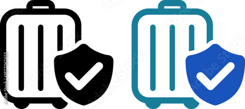 旅行の荷物を守るスーツケースとチェック付き盾のセキュリティアイコン（Secure Travel Luggage Icon with Shield and Check Mark）
