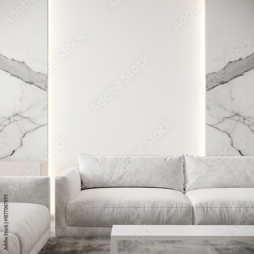 White sofa in a room in light palette - cloud dancer color 2026 trend. Modern minimalist style - bachround painted empty wall and stylish furniture. Marble accent slabs. 3d render