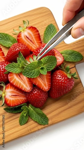 Fresh Strawberries and Mint Garnished on Wooden Cutting Board White Background