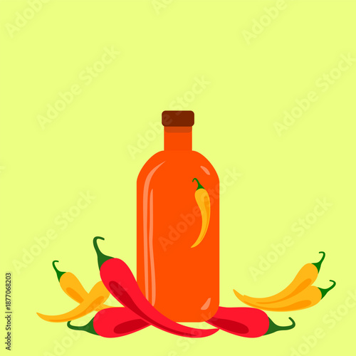 Hot chili pepper sauce bottle illustrated in a simple cartoon vector style with fire elements, representing spicy heat and bold flavor, ideal for food labels, packaging, branding, and spicy condiment 