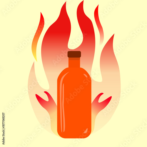 Hot chili pepper sauce bottle illustrated in a simple cartoon vector style with fire elements, representing spicy heat and bold flavor, ideal for food labels, packaging, branding, and spicy condiment 