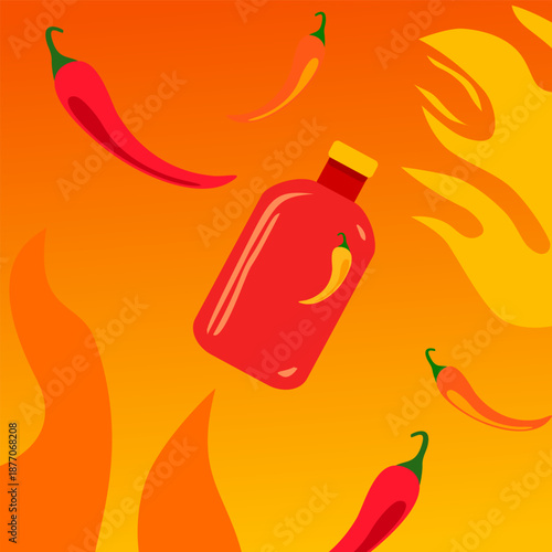Hot chili pepper sauce bottle illustrated in a simple cartoon vector style with fire elements, representing spicy heat and bold flavor, ideal for food labels, packaging, branding, and spicy condiment 