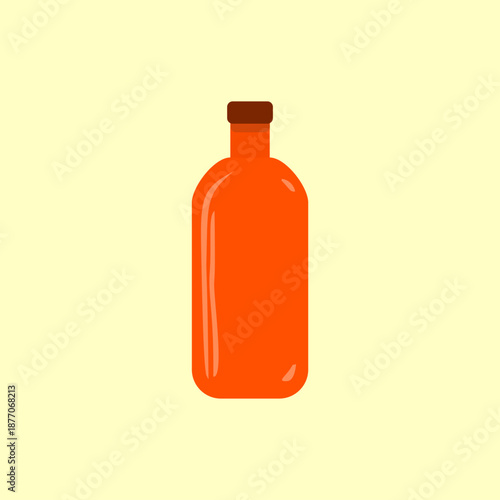 Hot chili pepper sauce bottle illustrated in a simple cartoon vector style with fire elements, representing spicy heat and bold flavor, ideal for food labels, packaging, branding, and spicy condiment 
