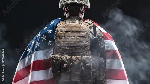 Soldier Draped in Patriot Flag with Smoke and Dark Background in Intense