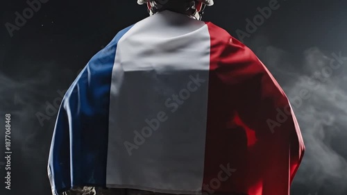 soldier with the french flag cape standing against smoky dark background