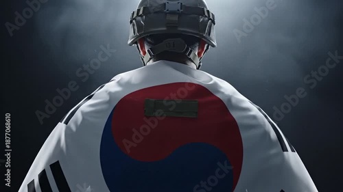 South Korean soldier with flag cloak standing in dark atmosphere with helmet
