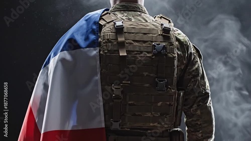 Soldier Standing with French Flag Draped Over Backpack in a Dark Setting