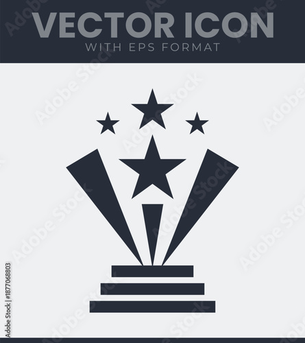 Podium stage with stars and light rays for award ceremony success. Winner, victory, competition, event, celebration, reward, prize. Solid vector symbol illustration