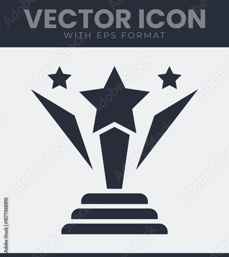 Award trophy icon with star symbol on pedestal steps for success achievement and winner. Performance, pedestal, steps, podium. Solid vector illustration