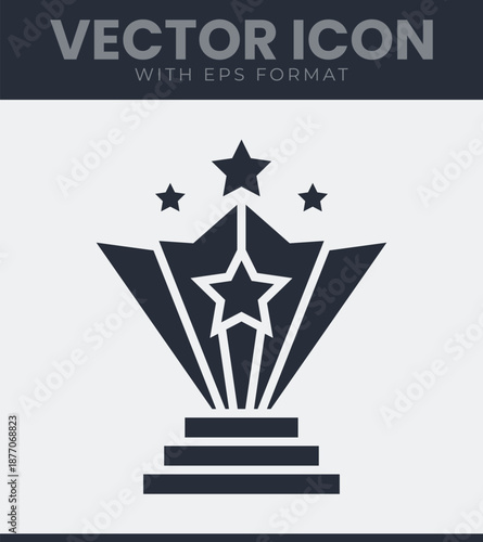 Award trophy icon with star symbol on pedestal for success achievement and winner recognition. Celebration, honor, glory, goal, win, quality, excellence, performance. Solid vector illustration