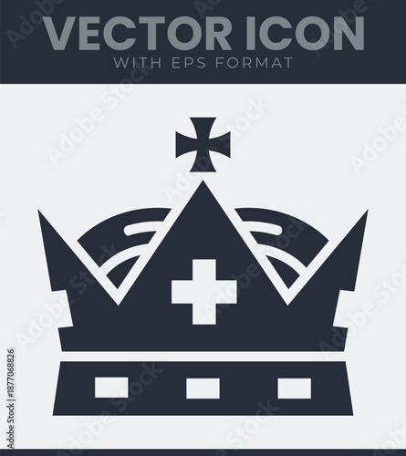 Royal crown icon with religious cross for king queen monarchy and heraldic. Empire, majestic, noble, throne, kingdom, medieval, history, antique, vintage. Solid vector symbol illustration