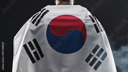military personnel with south korean flag draped over shoulder in stormy sky