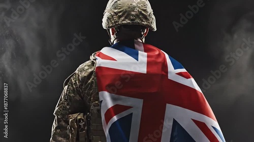 Soldier in military gear with UK flag draped over shoulders against dark
