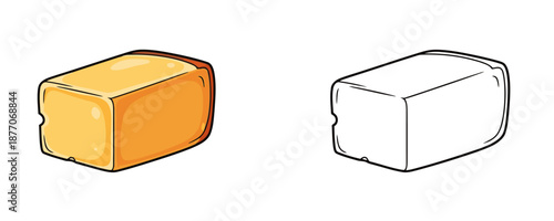 Cartoonish block of orange cheddar cheese with black outline and white coloring page version on white background representing a snack or ingredient for cooking