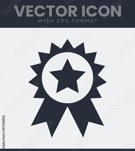 Award ribbon rosette icon with star sign for achievement success winner medal quality excellence. Reward, certificate, rank, competition, guarantee. Solid vector symbol illustration	