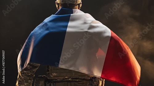 Soldier Holding French Flag During Nighttime with Dramatic Cloudy Sky