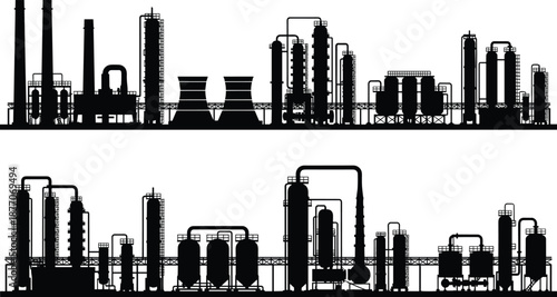 Industrial Factory Refinery Silhouette Illustration Set Featuring Oil Gas Chemical Plant Infrastructure, Energy Production Facilities, Black Vector Design