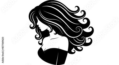 Elegant silhouette of a woman with flowing hair in black and white.