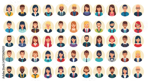 Diverse group of business and professional people avatars in flat design style.
