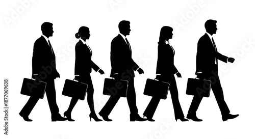 Silhouettes of business people walking with briefcases in a row.