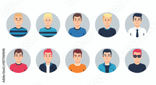 Set of diverse male avatars with different hairstyles and clothing styles.
