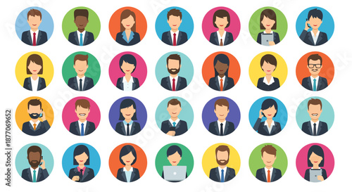 Set of diverse professional business people avatars in colorful circular backgrounds.