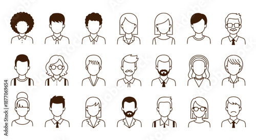 Set of diverse simple line art avatars representing various people.