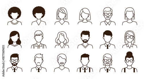 Set of diverse black and white avatar icons representing various people with different hairstyles and accessories.