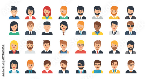 Set of diverse business people avatars with various hairstyles and clothing styles.