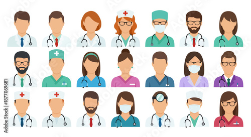 Diverse group of medical professionals and healthcare workers icons in various uniforms and roles.