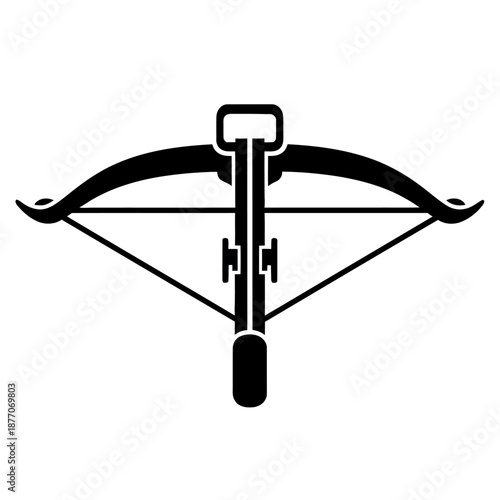 Minimal black and white vector icon inspired by medieval archery equipment, abstract crossbow symbol in flat geometric style on a clean white background.