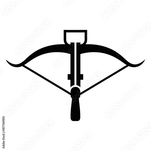 Minimal black and white vector icon inspired by medieval archery equipment, abstract crossbow symbol in flat geometric style on a clean white background.