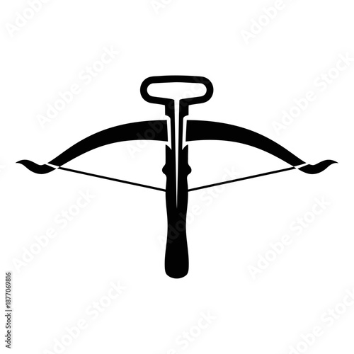 Minimal black and white vector icon inspired by medieval archery equipment, abstract crossbow symbol in flat geometric style on a clean white background.