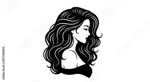 Elegant black and white illustration of a woman with flowing hair and closed eyes.