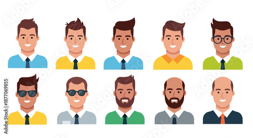 Set of diverse male avatars with different hairstyles and facial hair styles.