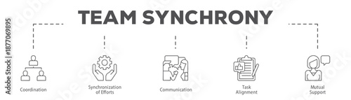 Team Synchrony infographic icon flow process which consists of Coordination, Synchronization of Efforts, Communication, Task Alignment, Mutual Support.