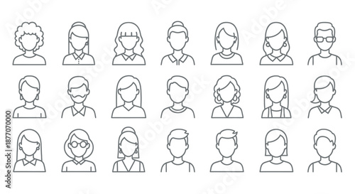 Set of diverse simple line icons representing various male and female avatars and profiles.