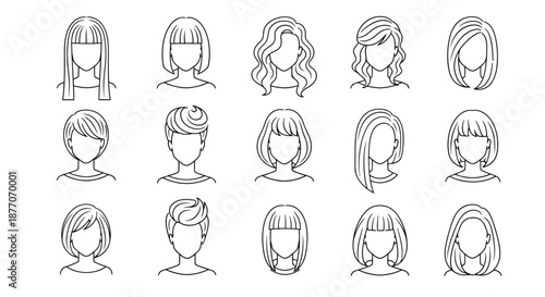 Collection of various female hairstyle line art icons in black and white.