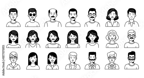 Set of diverse male and female avatar icons with various hairstyles and facial features.